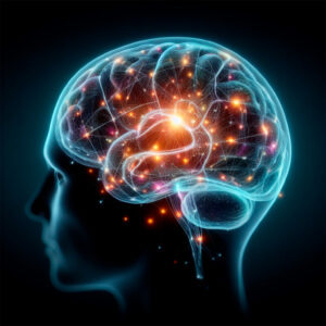 Cérerbro com neurônios ativados causando dor de cabeça.