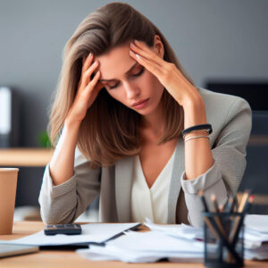 Mulher com dor de cabeça forte sem conseguir trabalhar.